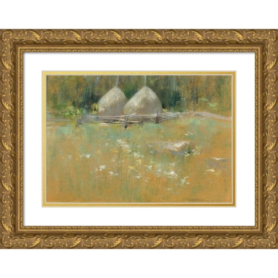 John Henry Twachtman 24x18 Gold Ornate Framed and Double Matted Museum Art Print Titled - Haystacks at Edge of Woods (ca. 1895)