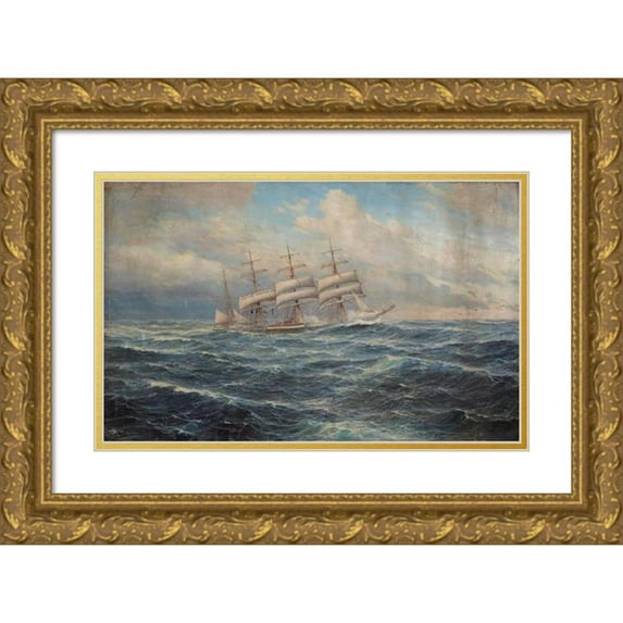 John Holst 14x11 Gold Ornate Wood Frame and Double Matted Museum Art Print Titled - Seascape with a Ship (20th Century)