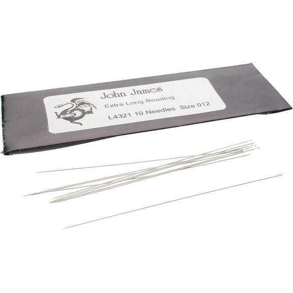 John James Extra Long Pearl Stringing Needles, Size 12, 10 Needles per Pack, Made in England, Use for Loom Weaving Beadwork, Pearl stringing and Jewel
