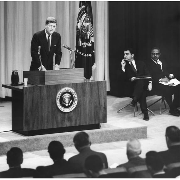 John Kennedy'S First Press Conference As President. At Right Are Press Secretary Pierre Salinger Associate Press