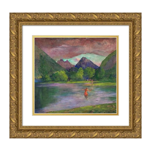 John La Farge 16x15 Gold Ornate Wood Frame and Double Matted Museum Art Print Titled - The Entrance to the Tautira River, Tahiti. Fisherman Spearing a Fish (C. 1895)