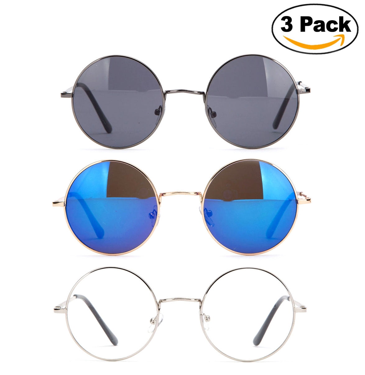 Glassic Hippy 60 s Vintage Retro Circle Round Sunglasses Clear Lens Eye Glasses Slim Metal Full rim with Comfortable Metal Spring Temple Walmart Business Supplies
