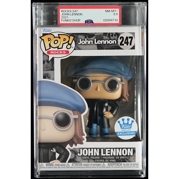 John Lennon, PSA Graded 8.5 NM-MT+, John Lennon Collectible Vinyl Figure #247, Fully Encapsulated Bundle with Compatible Funko Pop! PSA Hard Protector Case