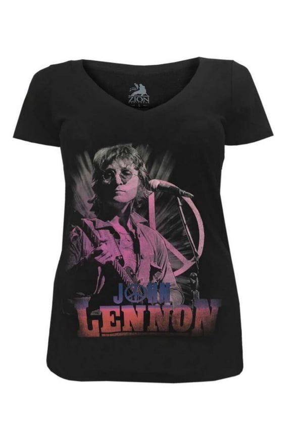 John Lennon Women's Pink Peace Guitar V-Neck Tee T-Shirt Black ZRJL1016 (S)