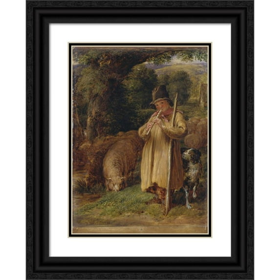 John Linnell 14x18 Black Ornate Wood Framed Double Matted Museum Art Print Titled - Shepherd Boy Playing a Flute (1831)