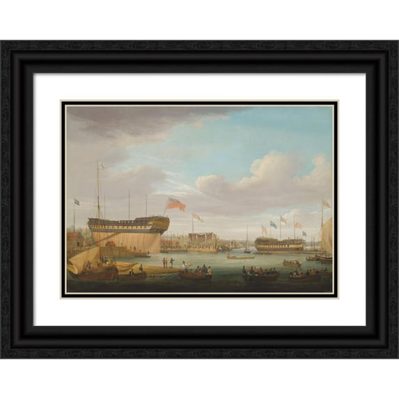 John Lynn 24x18 Black Ornate Framed Double Matted Museum Art Print Titled: Launching Day at the East India Dock, Blackwall on the Thames