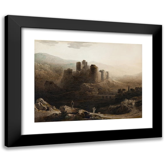 John Martin 14x12 Black Modern Framed Museum Art Print Titled - Moonlight - Chepstow Castle (1815)