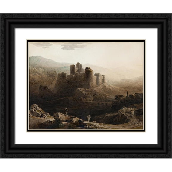 John Martin 24x19 Black Ornate Framed Double Matted Museum Art Print Titled: Moonlight - Chepstow Castle (1815)