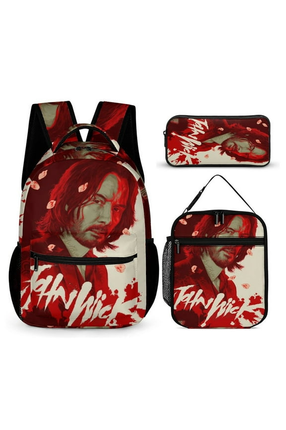 John Movie Wick 3 PC Backpack Set Casual School Bag Daypack with Lunch Bag Outdoor Travel Large Capacity BagsOne Size
