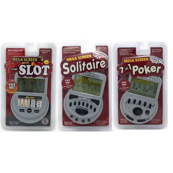 John N. Hansen Mega Screen Handheld Gambling Game Pack Bundle of 3 - Solitaire - Slot Machine - Poker