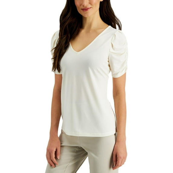 John Paul Richard Womens Double V Puff Sleeve Blouse Ivory M
