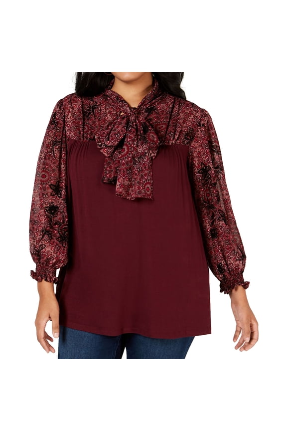 Womens Tie Neck Pullover Blouse, Red, Plus Size, 2X