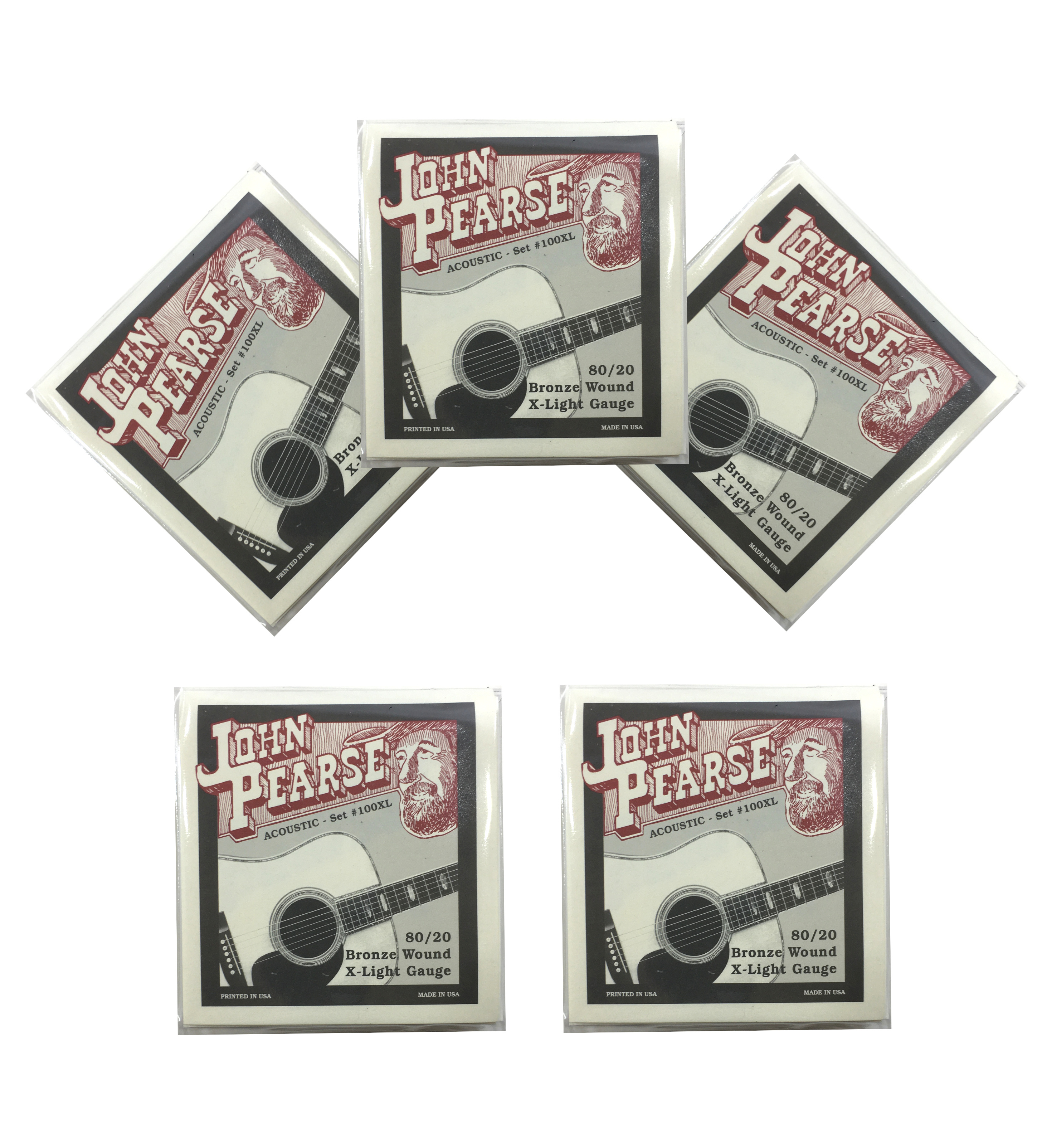 John Pearse Guitar Strings 5 Pack Acoustic 80/20 Bronze Wound Extra Light #100XL