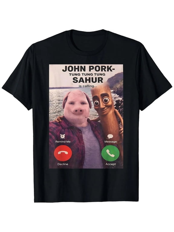 John Pork Calling Brainrot Meme T-Shirt, Unisex Short Sleeve Graphic Crewneck in Soft, Smooth 100% Cotton