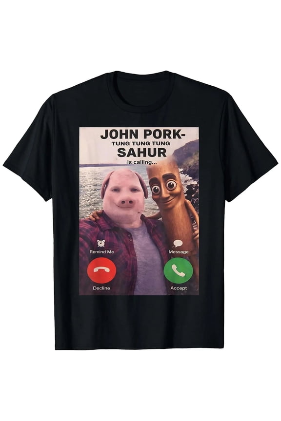 John Pork Calling Brainrot Meme T-Shirt, Unisex Short Sleeve Graphic Crewneck in Soft, Smooth 100% Cotton