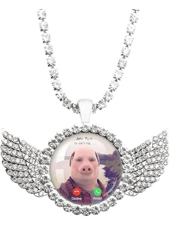 John Pork Is Calling Necklace with Angel Wings Pendant