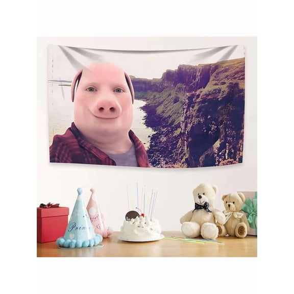 John Pork Smiling Meme Tapestry Pig Head Mask Flag Wall Hanging for Bedroom Modern Music Room Decor Durable Polyester Seaside Background Banner for College Dorm Man Cave