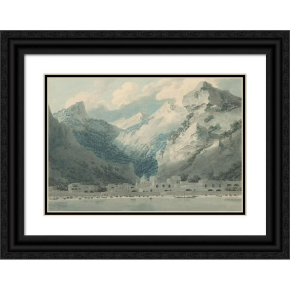 John Robert Cozens 18x14 Black Ornate Wood Framed Double Matted Museum Art Print Titled - Cetara on the Gulf of Salerno (1790)