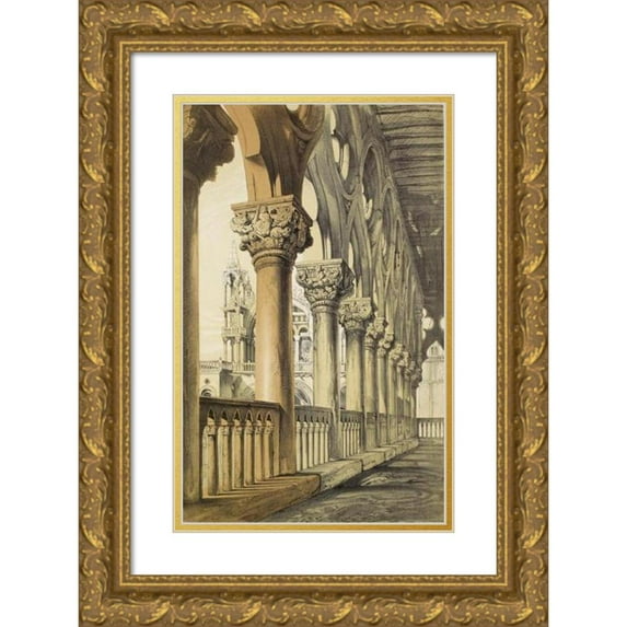 John Ruskin 13x18 Gold Ornate Wood Frame and Double Matted Museum Art Print Titled - Examples of Architecture of Venice - the Ducal Palace, Renaissance Capitals of the Loggia (1887)