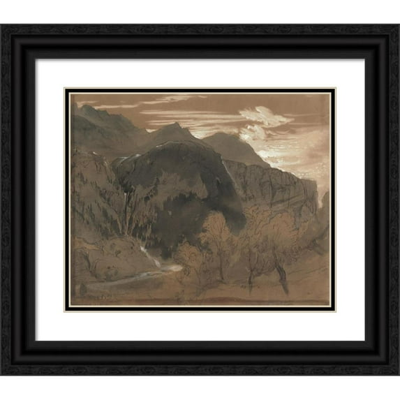 John Ruskin 14x12 Black Ornate Wood Framed Double Matted Museum Art Print Titled: Mountainous Landscape.