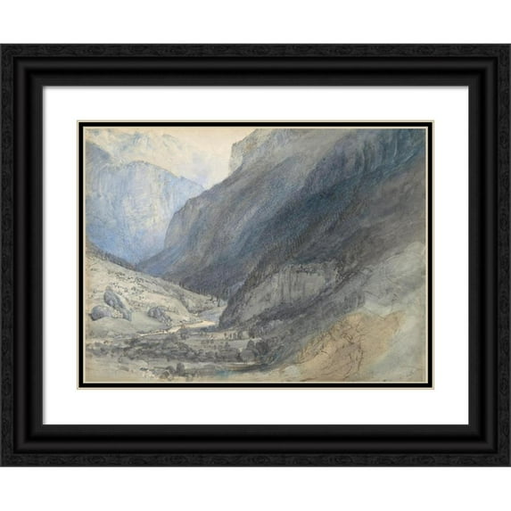John Ruskin 24x19 Black Ornate Framed Double Matted Museum Art Print Titled: The Valley of Lauterbrunnen, Switzerland (ca. 1866)