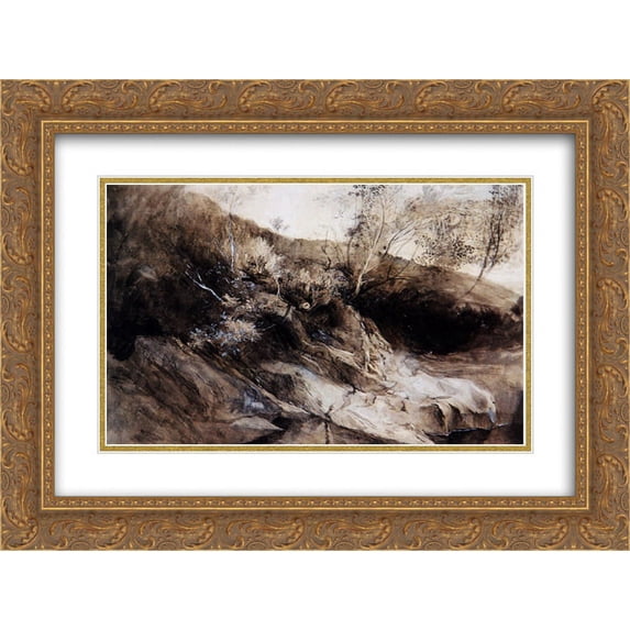 John Ruskin 2x Matted 24x20 Gold Ornate Framed Art Print 'Rocky Bank of a River '