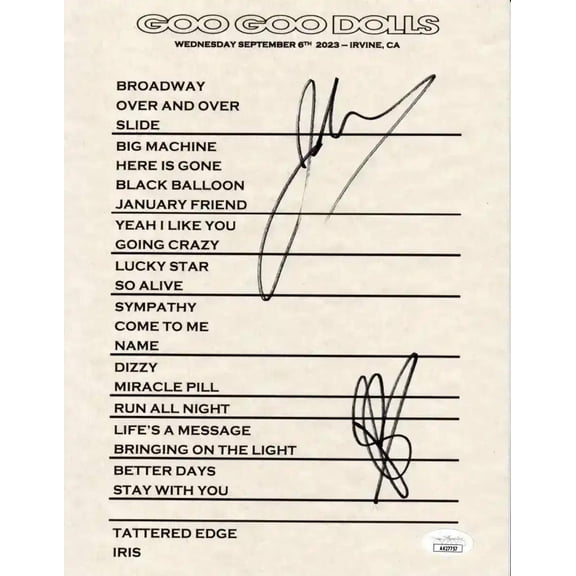 John Rzeznik and Robby Tatac autographed Goo Goo Dolls 2023 set list JSA