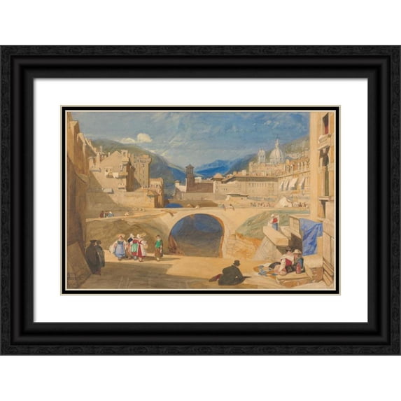 John Sell Cotman 14x11 Black Ornate Wood Framed Double Matted Museum Art Print Titled: Bridge in a Continental Town