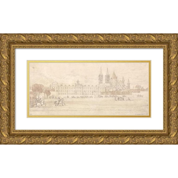 John Sell Cotman 14x8 Gold Ornate Wood Frame and Double Matted Museum Art Print Titled - Military School and Abbey Church of St Stephen at Caen (1818)