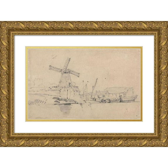 John Sell Cotman 18x13 Gold Ornate Wood Frame and Double Matted Museum Art Print Titled - River and Windmill