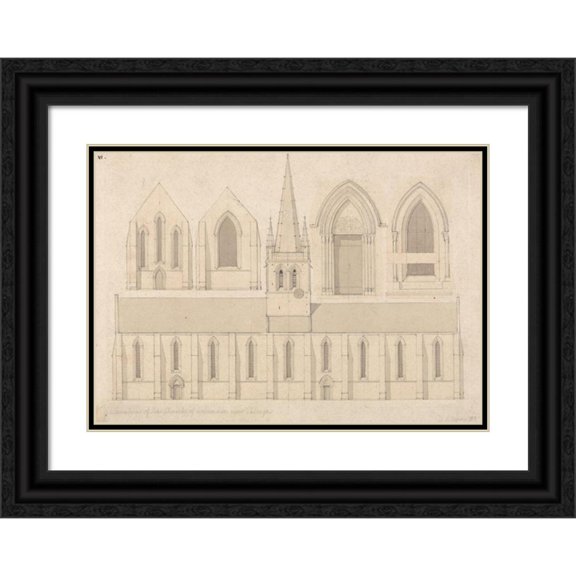 John Sell Cotman 24x18 Black Ornate Framed Double Matted Museum Art Print Titled: Elevation of the Church of Columbiers, Near Valognes, Normandy (1818)