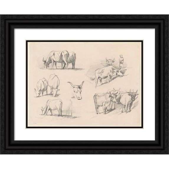 John Singer Sargent 14x11 Black Ornate Wood Framed Double Matted Museum Art Print Titled: Studies of Cattle (C. 1872)