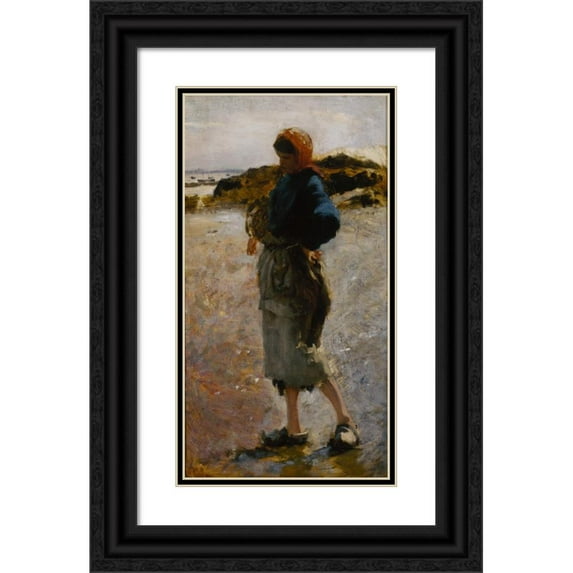 John Singer Sargent 15x24 Black Ornate Framed Double Matted Museum Art Print Titled: Girl on the Beach, Sketch for ‘Oyster Gatherers of Cancale’ (1877)