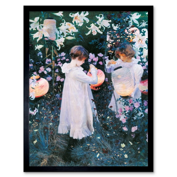 John Singer Sargent Carnation Lily Rose Painting Girls Lighting Chinese Lanterns in Flower Garden Art Print Framed Poster Wall Decor 12x16 inch
