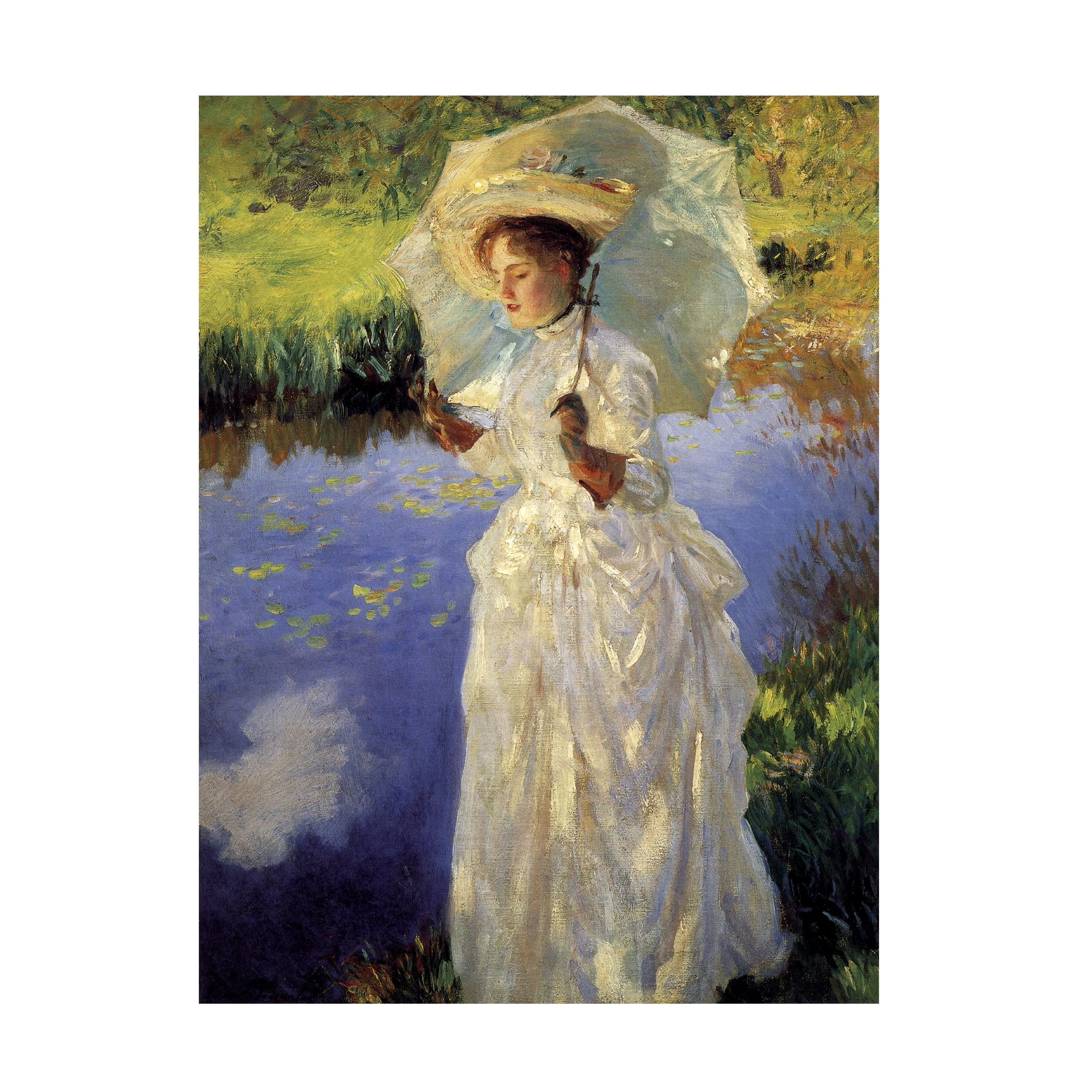 Elegant Woman by Pond in White Dress Canvas Art