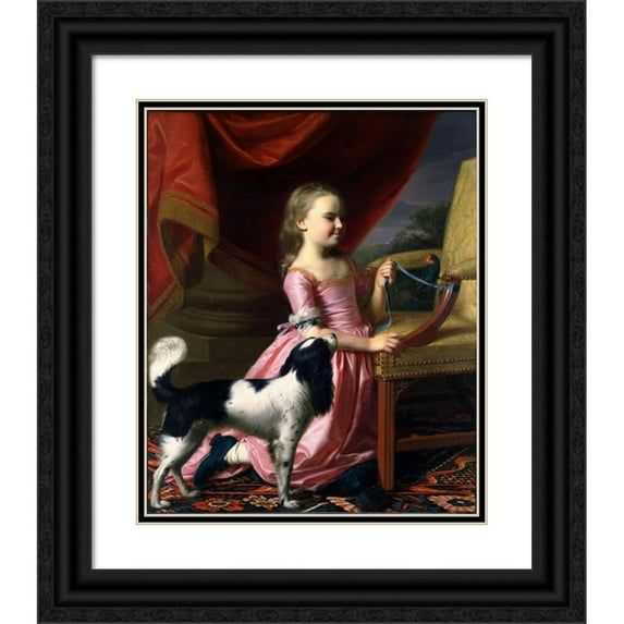 John Singleton Copley 12x14 Black Ornate Wood Framed Double Matted Museum Art Print Titled: Young Lady with a Bird and a Dog
