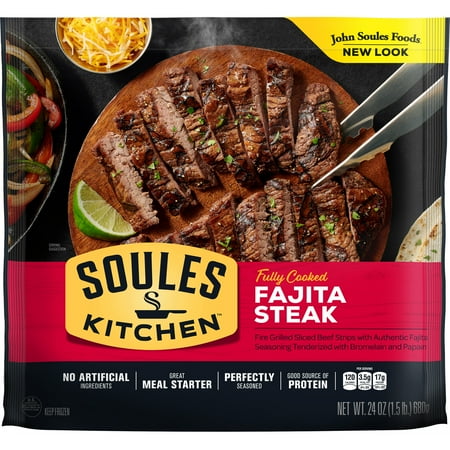 Soules Kitchen, Fully Cooked, All Natural Beef Steak Fajitas Strips Family Size 24oz, Frozen, 2.5g Total Fat per Serving