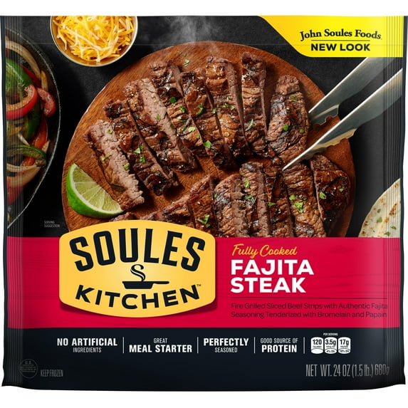 Soules Kitchen, Fully Cooked, All Natural Beef Steak Fajitas Strips Family Size 24oz, Frozen, 2.5g Total Fat per Serving