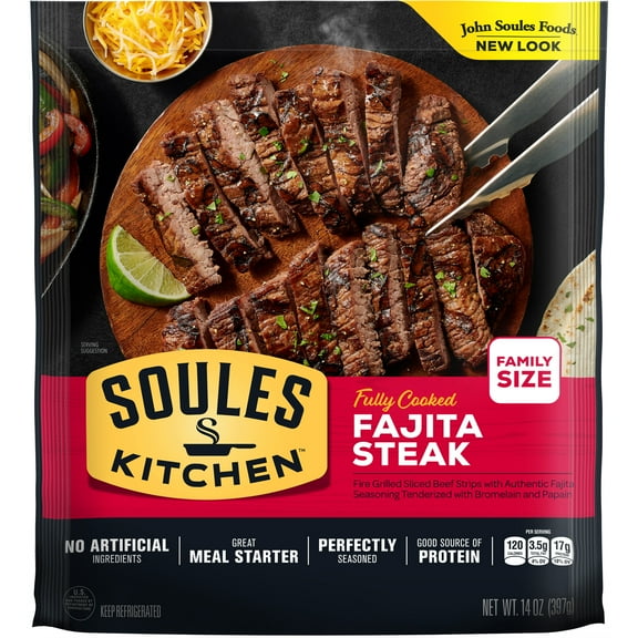 Soules Kitchen, Fully Cooked, Steak Fajitas, Fire Grilled Beef Strips, Family Size, 14 oz