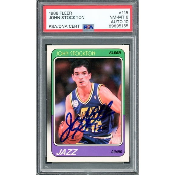 John Stockton Autographed 1988 Fleer Rookie Card #115 Utah Jazz PSA 8 Auto Grade Gem Mint 10 PSA/DNA #89895155