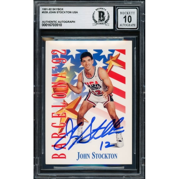 John Stockton Autographed 1991-92 Skybox Card #539 USA Dream Team Auto Grade Gem Mint 10 Beckett BAS #16703510