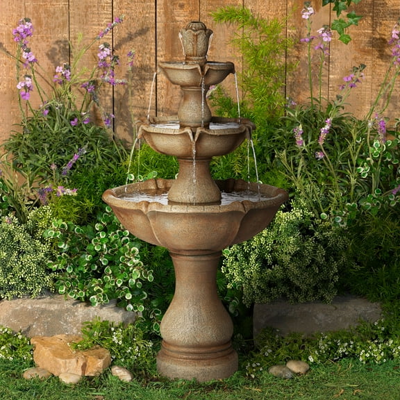 Arosco 43" High Large Italian Outdoor Decor Sand Stone Floor Fountain with Light LED 3-Tier Outside Garden Patio