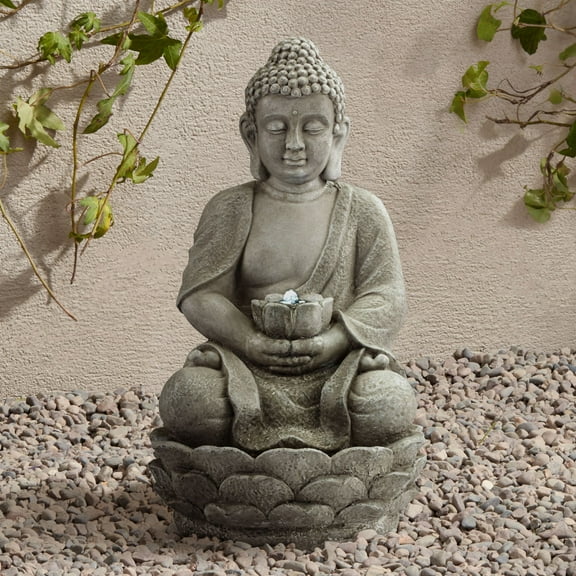 Sitting Buddha 22" High Small Zen Asian Indoor Outdoor Decor Faux Stone Tabletop Fountain with Light LED Outside