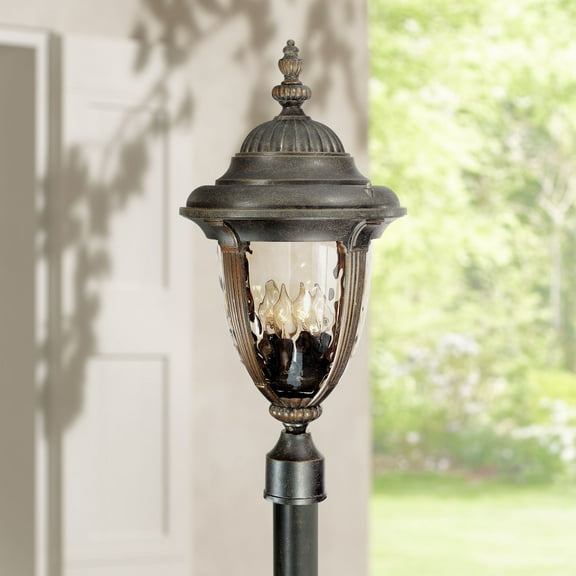 John Timberland Bellagio Rustic Farmhouse Outdoor Post Light Fixture Veranda Bronze 24 1/2" Champagne Hammered Glass for Exterior Barn Deck House Home