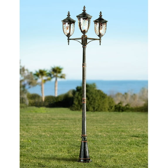 John Timberland Bellagio Vintage Outdoor Post Light Veranda Bronze 3-Light Street Lantern 96" Clear Hammered Glass for Exterior Barn Deck House Porch