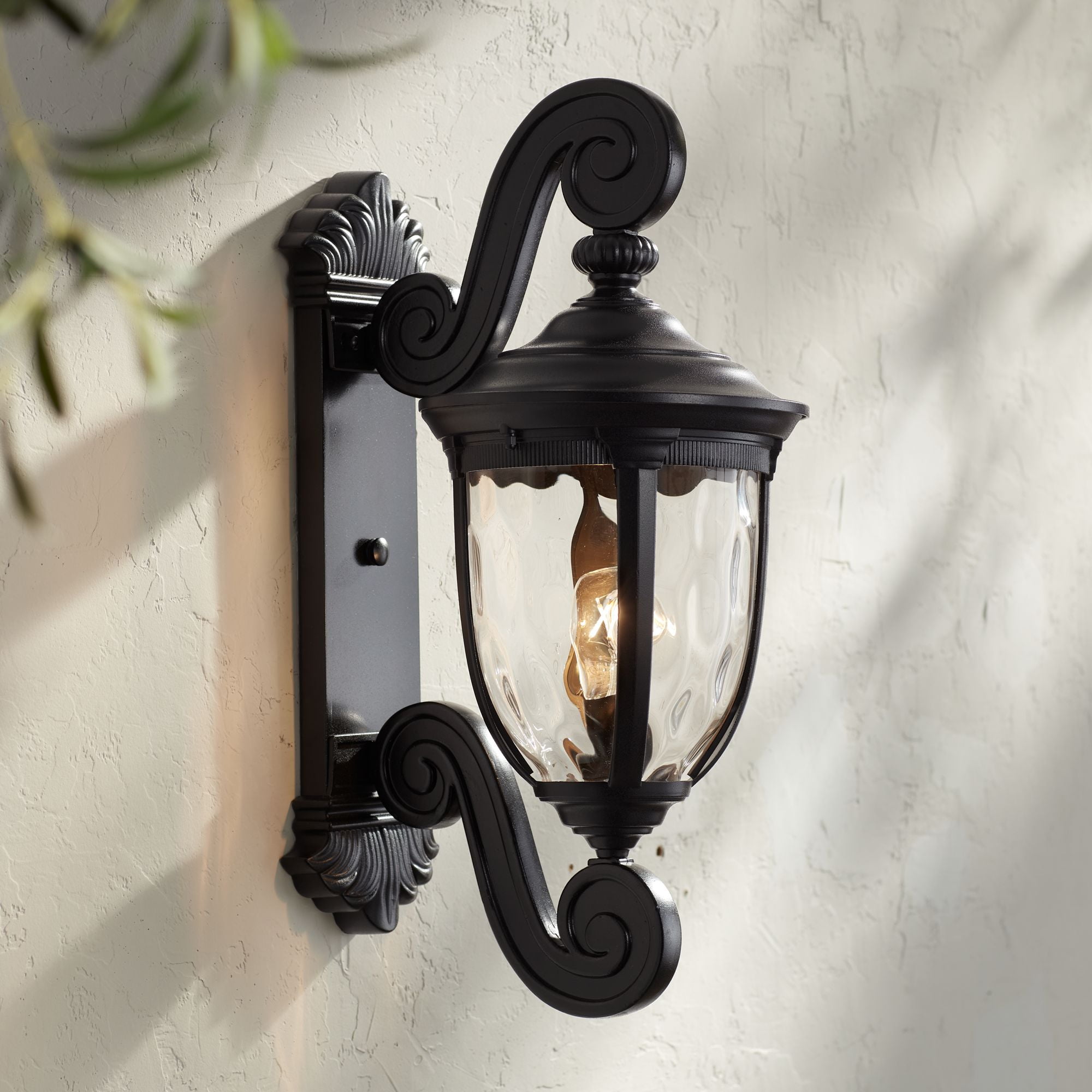 Bellagio Dual Scroll 24" Black Outdoor Wall Light with Clear Hammered Glass