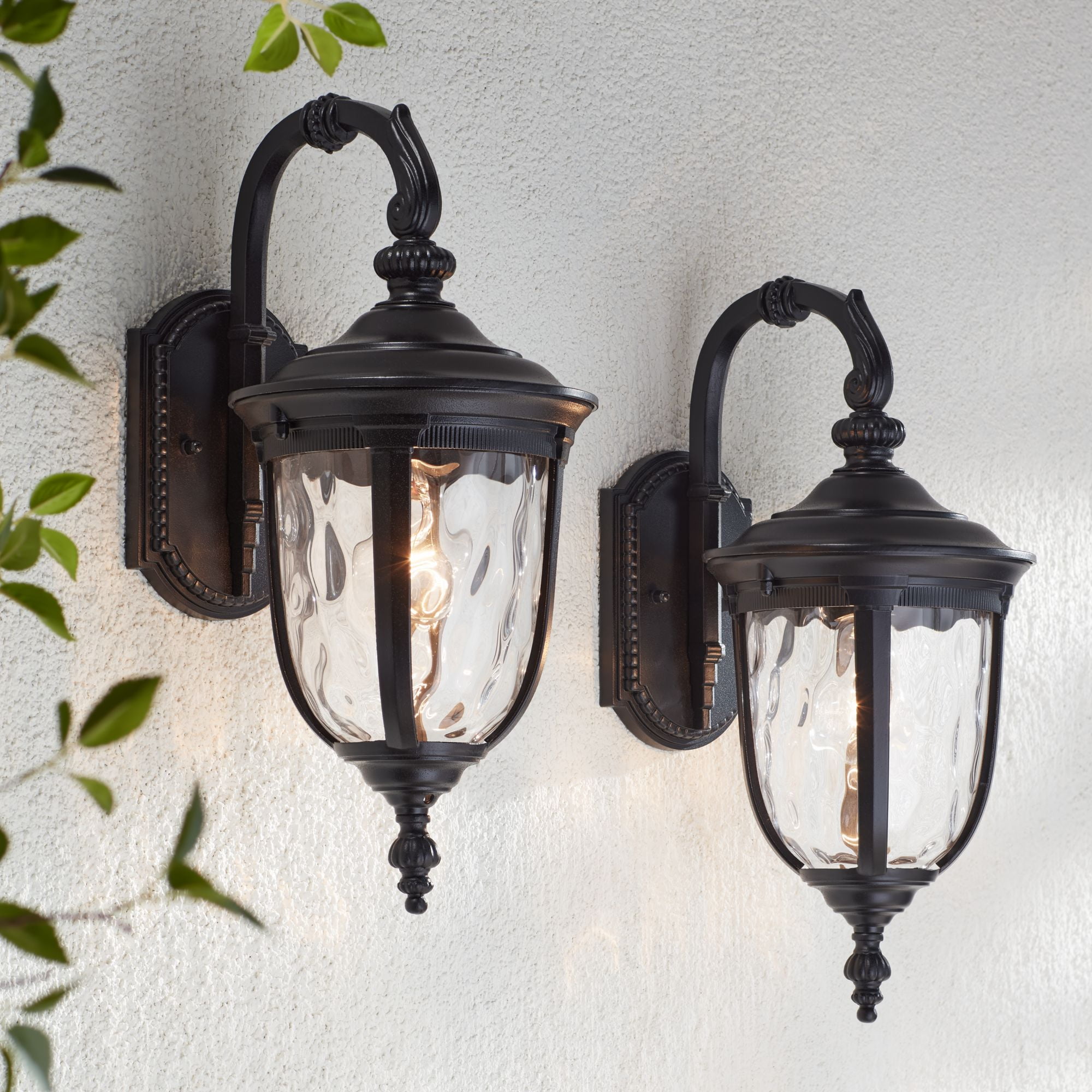 John Timberland Bellagio Vintage Outdoor Wall Light Fixtures Set of 2 Texturized Black Downbridge 16 1/2" Clear Hammered Glass for Post Exterior Barn