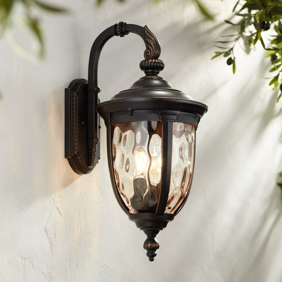 John Timberland Bellagio Vintage Rustic Outdoor Wall Light Fixture Bronze Downbridge 20 1/2" Champagne Hammered Glass for Post Exterior Barn House