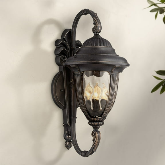 John Timberland Bellagio Vintage Rustic Outdoor Wall Light Fixture Veranda Bronze Double Arm 27 1/2" Champagne Hammered Glass for Post Exterior Barn