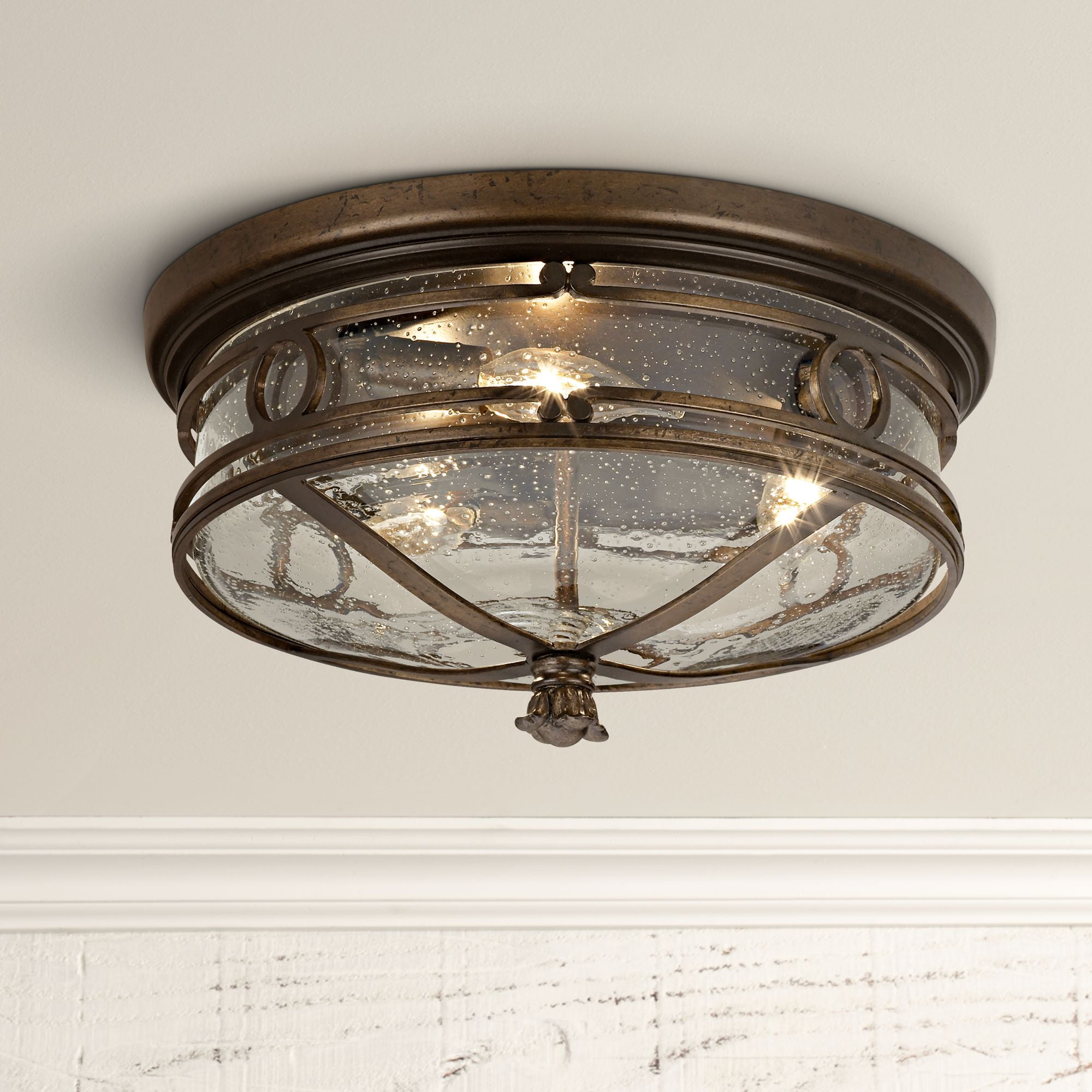 Bronze 14" Seedy Glass Flush Mount Indoor/Outdoor Ceiling Light